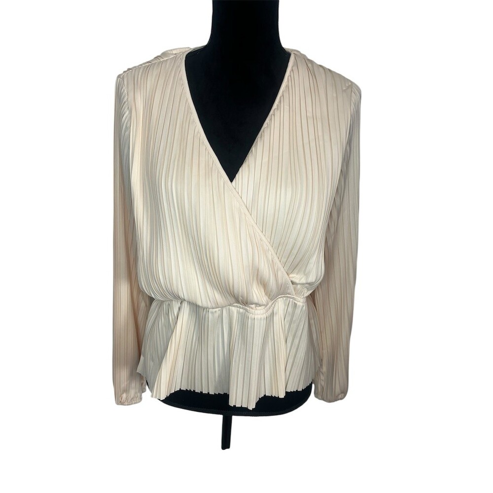 NWT‎ Daniel Rainn Blouse Womens Size L Ivory Pleated Wrap Peplum V-Neck Top